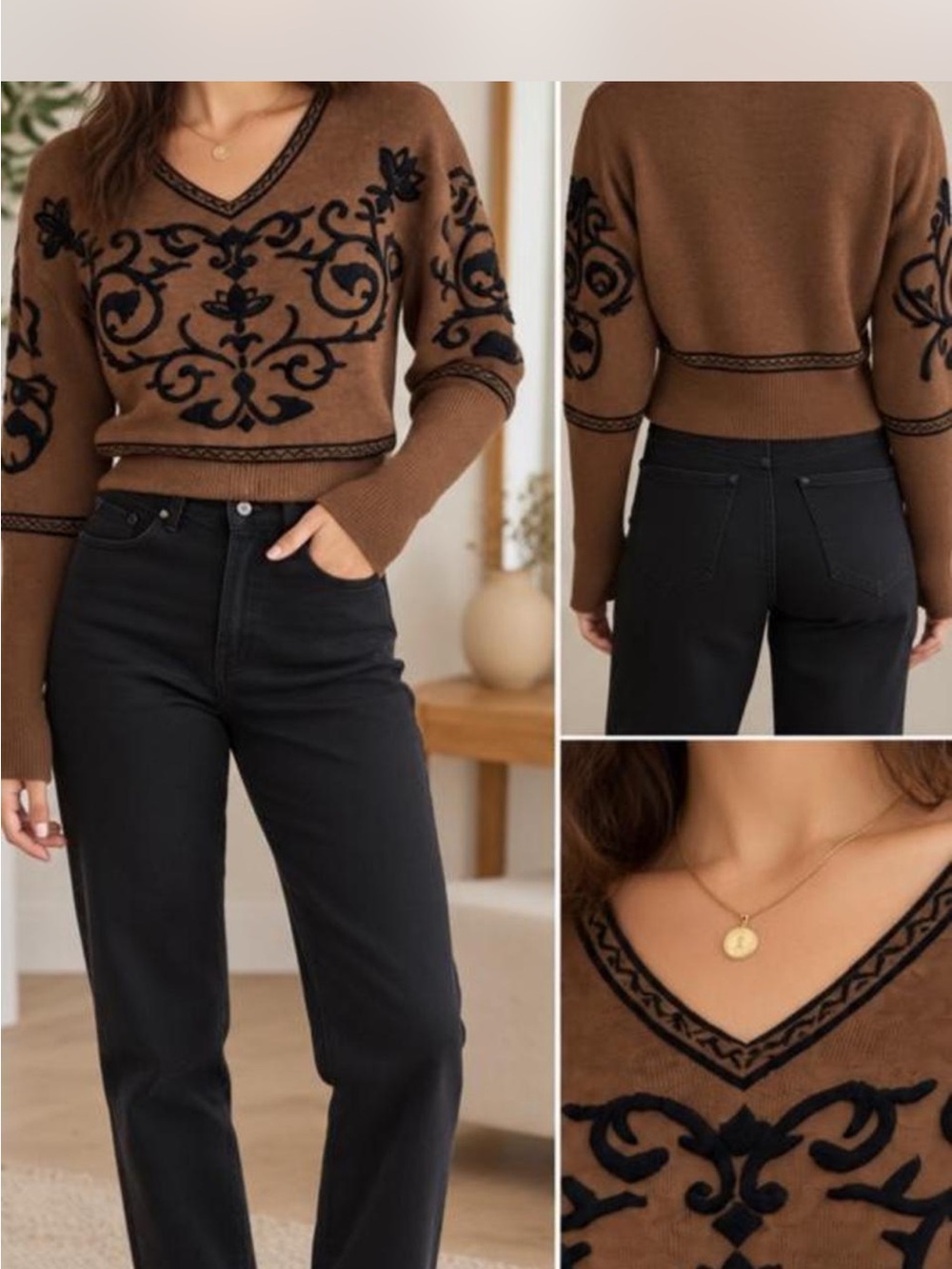 NILS Brown V-Neck Cropped Sweater with Black Embroidered Detail